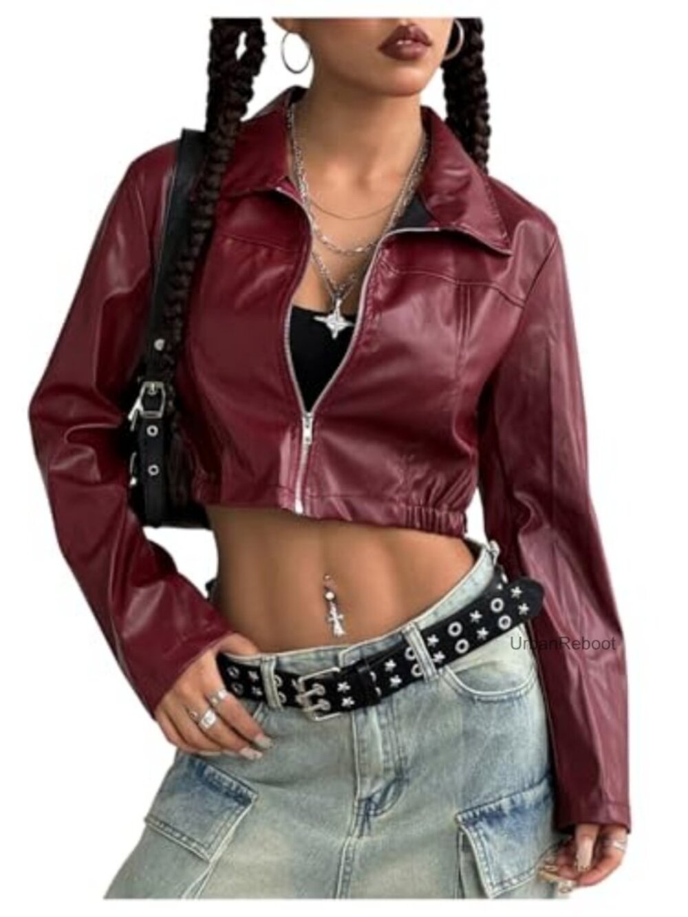 Cropped Faux Leather Motorcycle Jacket Streetwear Lightweight Long Sleeve Zip Up